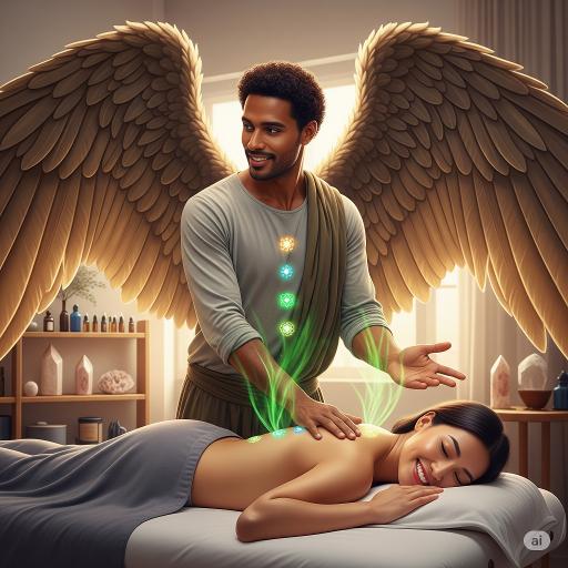 the Archangel Rafael with char lights and healing lights using powers to heal a human who is lying on a couch in a quite clinic room