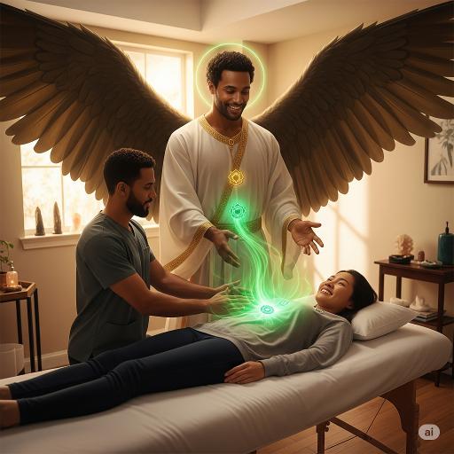 blacktree school online the Archangel Rafael healing a human with green light from his centre wings spread wide a person is assisting