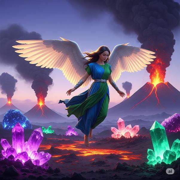 blacktree school a young angel exploring the multiverse world volcanos in background crystals on the ground bright colourful