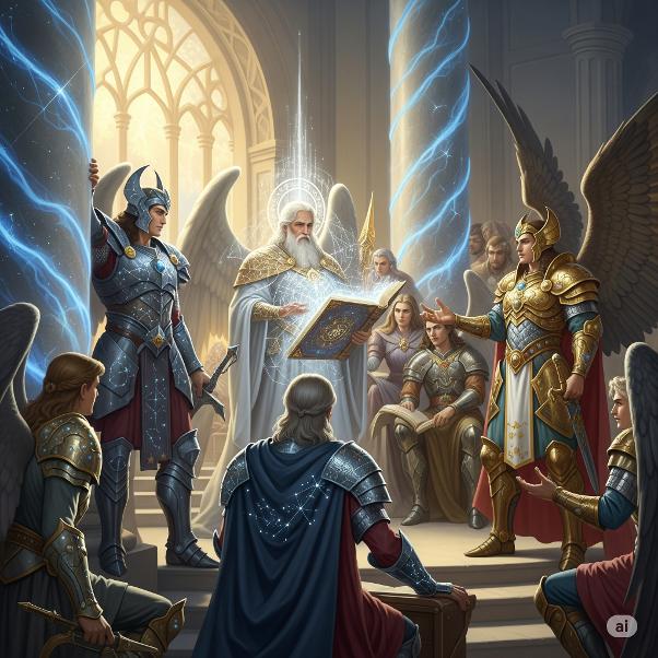 blacktree school a conclave of Archangels gold and blue pillars.